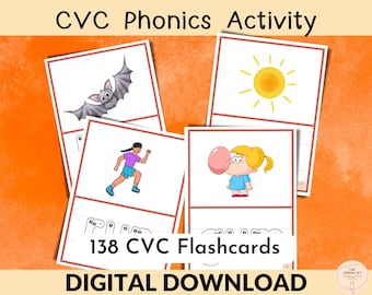 May include: A set of 138 digital CVC flashcards for kids. The flashcards feature colorful illustrations of a bat, sun, and a girl blowing a bubble. The text "138 CVC Flashcards" is displayed on the bottom of the image.