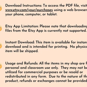 May include: A peach-colored digital download information sheet with text about accessing a PDF file via Etsy, Etsy App limitations, instant downloads, and usage/refund policies. Includes a smiling sun graphic.