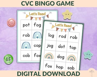 CVC Bingo and Card Games, Printable Phonics Cards, Phonics Reading Game, Consonant Vowel Consonant Words, Fun Phonemic Awareness Game