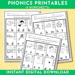 Phonics Worksheets, CVC Missing Vowel, Emergent Readers Middle Sound Focus, Kindergarten Reading & Spelling Activity, Instant Download
