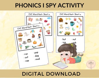 Phonics Worksheets, Kindergarten CVC, I Spy Printables, Activity Worksheets Pre-K, Printouts for Kinder, Kindergarten Reading & Spelling