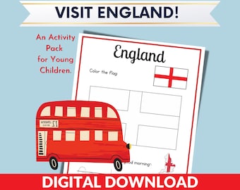 Fogli di lavoro per la scuola materna; Pagine da colorare e di attività dell'Inghilterra; Viaggi in Inghilterra Spio, Gioco del Bingo, Stampe da colorare; Download digitale per bambini