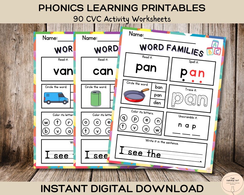 Puede incluir: Tres hojas de trabajo imprimibles para ense&ntilde;ar fon&eacute;tica a ni&ntilde;os peque&ntilde;os. Las hojas de trabajo presentan las palabras "van", "can" y "pan" e incluyen actividades como leer, deletrear, trazar y escribir.