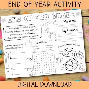 3rd Grade Graduation Placemat, End Of Grade 3, Activity Placemat for End Of School Year, Teacher Favor for Students, Coloring Placemat