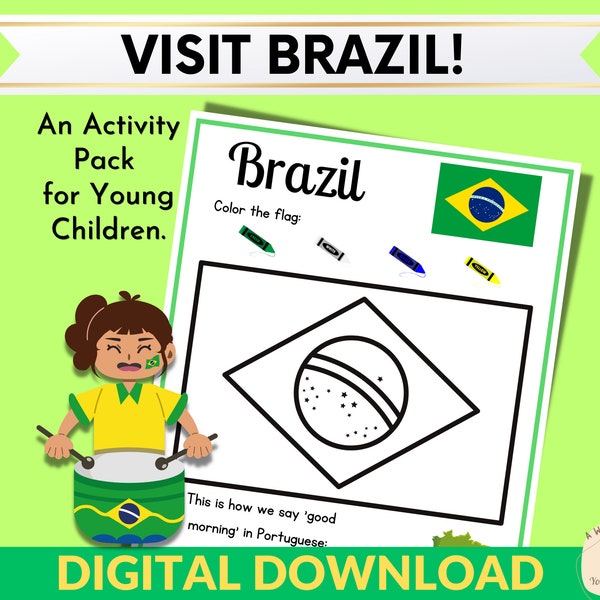 Brazil Worksheets; A Learning & Travel pack for Young Children; Kids Educational Printable; Kindergarten Resource, Instant Digital Download