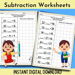 May include: Two printable subtraction worksheets with gridded areas for showing work. The worksheets feature cartoon illustrations of children holding pencils and books. The text on the worksheets reads "Find the Missing Numbers - With exchanging".