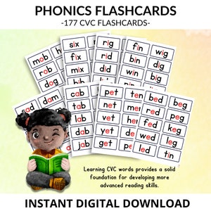 Fonética, Flashcards de palavras CVC, consoante vogal consoante, atividade de fonética de ortografia e leitura, palavras CVC combinadas, download digital instantâneo