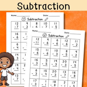 20 Printable Subtraction for Kindergarten 1st Grade 2nd Grade Math Subtraction Sheets, Maths Practice Worksheets (Numbers 1-20), Number Line