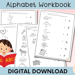 Livro de aprendizagem do alfabeto de 60 páginas: pré-escola-jardim de infância, planilhas de rastreamento de letras, planilhas de correspondência de maiúsculas e minúsculas, colorir