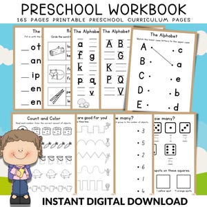 Libro de trabajo para jardín de infantes / Hojas de trabajo para preescolar imprimibles / Hojas de trabajo para educación en el hogar / Actividades con números y letras / Plan de estudios para guarderías con temática de granja / Seguimiento