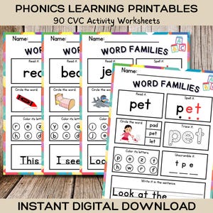 Puede incluir: Un conjunto de hojas de trabajo de fon&eacute;tica imprimibles para ni&ntilde;os. Las hojas de trabajo presentan las familias de palabras "pet" y "red". Las hojas de trabajo incluyen actividades como leer, deletrear, trazar y escribir.