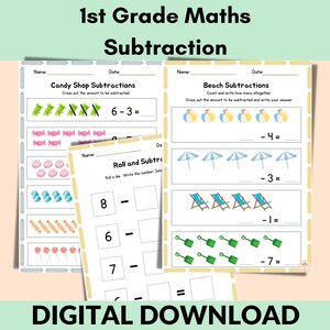 May include: A digital download of 1st Grade Maths subtraction worksheets. The worksheets feature candy shop and beach-themed subtraction problems with colorful illustrations of candies, beach balls, umbrellas, and beach chairs. The text "DIGITAL DOWNLOAD" is at the bottom.