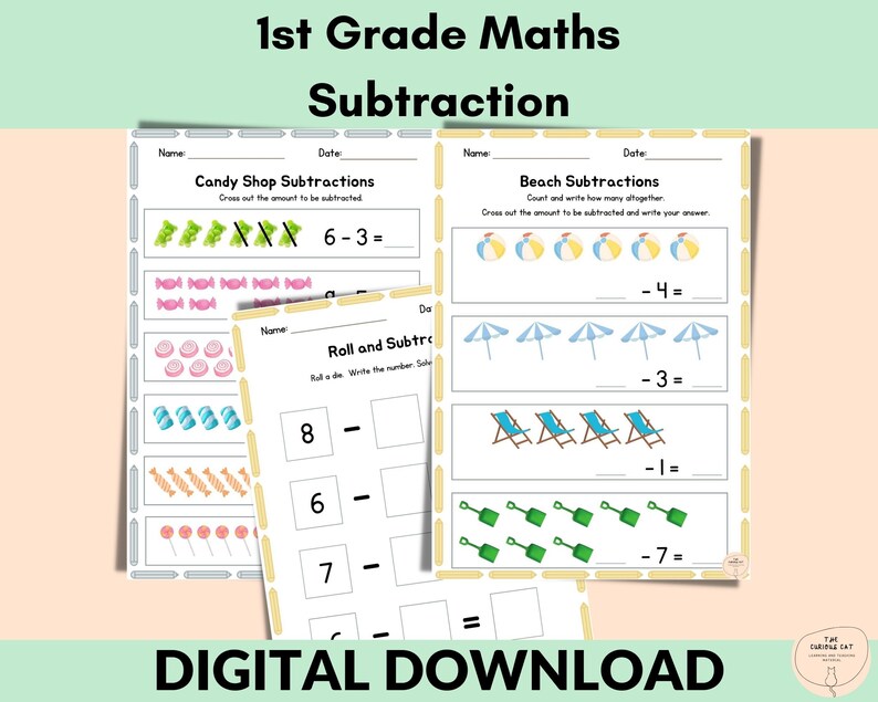 May include: A digital download of 1st Grade Maths subtraction worksheets. The worksheets feature candy shop and beach-themed subtraction problems with colorful illustrations of candies, beach balls, umbrellas, and beach chairs. The text "DIGITAL DOWNLOAD" is at the bottom.