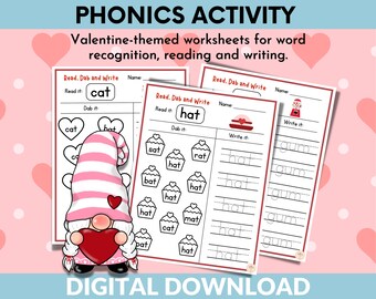 Phonics Valentines Worksheets;  Word Recognition, Reading & Writing Activity Sheets for Children; Kindergarten resources, Instant Download