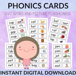 フォニックス単語と絵カード | CVC 単語ファミリーマッチングフラッシュカード | CVC 読書アクティビティ | 短母音 | ホームスクール | 韻を踏む単語