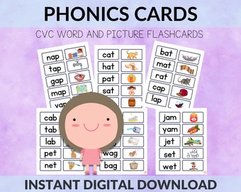 Phonics Words and Picture Cards, CVC Word Families Matching Flashcards,  CVC Reading Activity,  Short Vowels, Homeschool