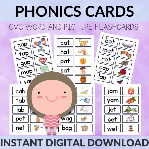 Phonics Words and Picture Cards, CVC Word Families Matching Flashcards,  CVC Reading Activity,  Short Vowels, Homeschool