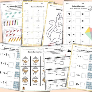 May include: A collection of printable educational worksheets for children. The worksheets cover subtraction problems, including counting, number lines, and color-by-number activities. The pages feature colorful illustrations and are designed for early learners.