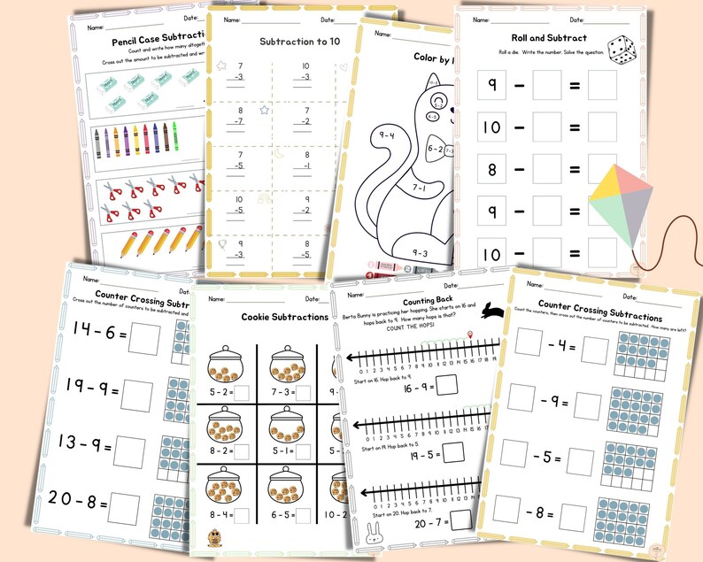 May include: A collection of printable educational worksheets for children. The worksheets cover subtraction problems, including counting, number lines, and color-by-number activities. The pages feature colorful illustrations and are designed for early learners.