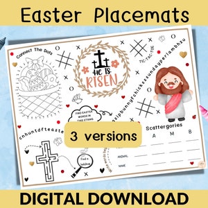 Op de afbeelding: Een digitale paasplacemat met activiteiten zoals verbind de stippen, boter-kaas-en-eieren en een doolhof. Het ontwerp bevat paaseieren, een kruis en de tekst "He is Risen". Bevat de tekst "3 versies" en "Digitale download".