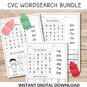 Pu&ograve; includere: Un pacchetto di fogli di lavoro stampabili per bambini per esercitarsi con le parole CVC. I fogli di lavoro includono parole nascoste, attivit&agrave; di ricerca e colorazione e pratica di scrittura. I fogli di lavoro sono decorati con matite colorate.