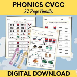 May include: A printable phonics worksheet bundle for teaching CVCC words. The worksheets feature colorful illustrations of objects like bags, caps, dogs, nuts, and vans. The worksheets include activities such as reading, tracing, and matching words to pictures.
