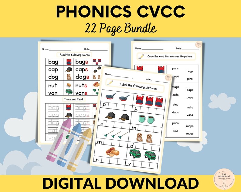 May include: A printable phonics worksheet bundle for teaching CVCC words. The worksheets feature colorful illustrations of objects like bags, caps, dogs, nuts, and vans. The worksheets include activities such as reading, tracing, and matching words to pictures.