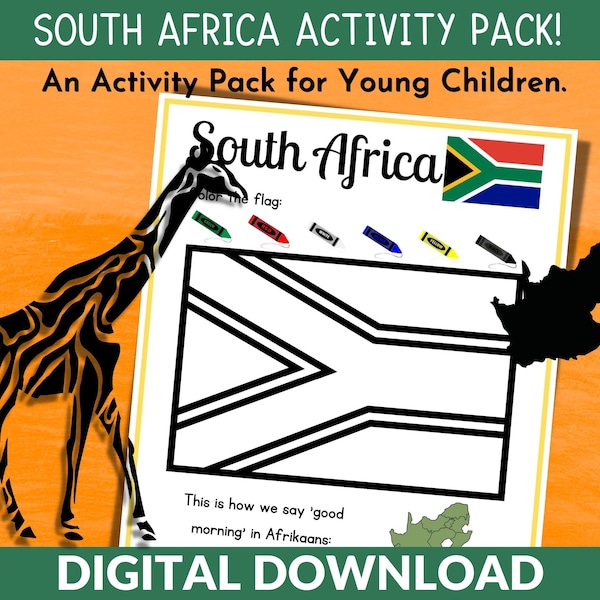 Printable South Africa Kids Activity Pack Travel Worksheets Activities for Kindergarten and Toddlers Country Study Instant Digital Download