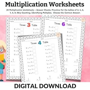 Maths Worksheets | Multiplication Printouts for 2nd - 3rd Grade with Answer sheets | Printables for Home School and Times Tables Practice