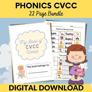 May include: A 22-page printable book for teaching CVCC phonics. The cover features a cartoon cat reading a book and the title "My Book of CVCC Words".