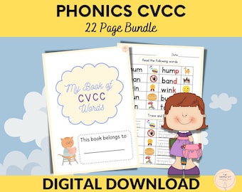 Kindergarten Phonics Worksheets, CVCC Phonics, Initial Reading Support Printouts, Word Tracing Kindergarten Spelling, Instant Download