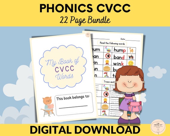 Kindergarten Phonics Worksheets, CVCC Phonics, Initial Reading Support Printouts, Word Tracing Kindergarten Spelling, Instant Download