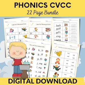 May include: A digital download bundle of 22 printable worksheets for teaching phonics CVCC words. The worksheets feature colorful illustrations of various objects, such as a bell, a golf club, and a gift box. The worksheets are designed to help children learn to read and spell words with the CVCC pattern.