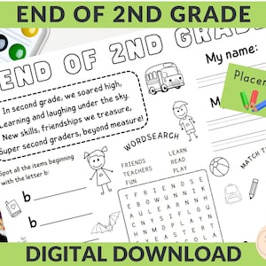 2nd Grade End Of Year Activity Placemat, Teacher Favour for Students, Last Day Of School Activity Idea, Fun Placemat For 2nd Graders