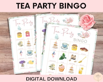 Vintage Teeparty Bingo Spiele, Bingokarten, Beschriftete Visitenkarten, Partyspiele und Aktivitäten für Kinder, Druckbare Aktivität, Gartenparty