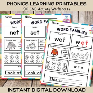 Puede incluir: Un conjunto de hojas de trabajo de fon&eacute;tica imprimibles para ni&ntilde;os. Las hojas de trabajo presentan las palabras "net", "set" y "wet" e incluyen actividades como rodear la palabra, colorear las letras, trazar la palabra y escribir la palabra en una oraci&oacute;n.