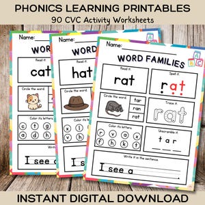 Puede incluir: Un conjunto de tres hojas de trabajo imprimibles para ense&ntilde;ar fon&eacute;tica a ni&ntilde;os peque&ntilde;os. Las hojas de trabajo presentan las palabras "gato", "sombrero" y "rata" e incluyen actividades como leer, deletrear, trazar y escribir.