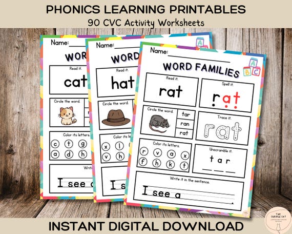 Printable Phonics CVC Worksheets: Reading and Tracing Activities (Digital Download)