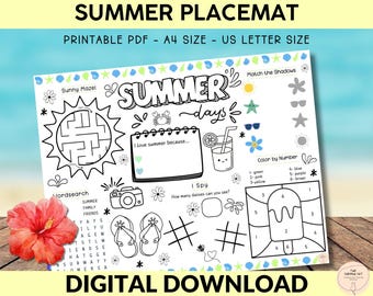 Summer Activity  Printable Placemat | Party Coloring Page for Kids | School Holidays | Summer Party Activities | Digital Download