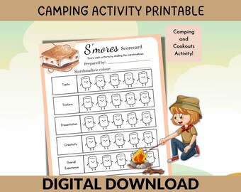 Puede incluir: Una actividad de campamento imprimible para calificar s'mores. La imprimible presenta un gráfico de s'more y una tarjeta de puntuación con categorías como sabor, textura, presentación, creatividad y experiencia general. Cada categoría tiene cinco gráficos de malvavisco para sombrear.