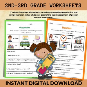 Reading & Writing Worksheets for 2nd - 3rd Grade | Sentence Building | ESL Resource Grammar Vocabulary Language Printable Instant Download