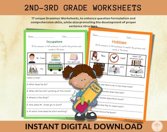 May include: Two printable worksheets for 2nd and 3rd grade students. The first worksheet is about occupations and asks questions about a man named Mr. Jones. The second worksheet is about hobbies and asks questions about a girl named Nina. Both worksheets feature colorful illustrations.