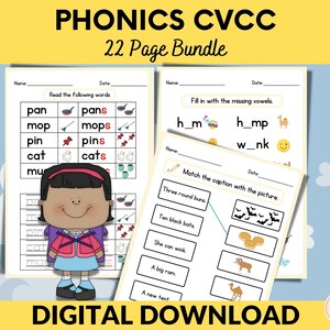 May include: A printable phonics worksheet bundle for kids. The image shows three pages from the bundle. The first page has a girl with a backpack and asks the student to read words with the CVCC pattern. The second page asks the student to fill in the missing vowels in words with the CVCC pattern. The third page asks the student to match captions with pictures.