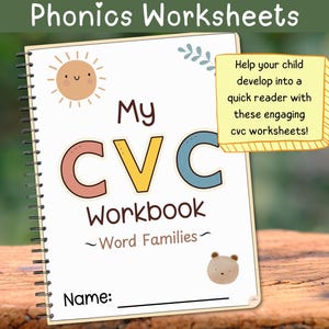 Phonics CVC Words Printable Worksheets  for Kindergarten, CVC Word Families Spelling & Reading Printables Phonics Workbook Instant Download