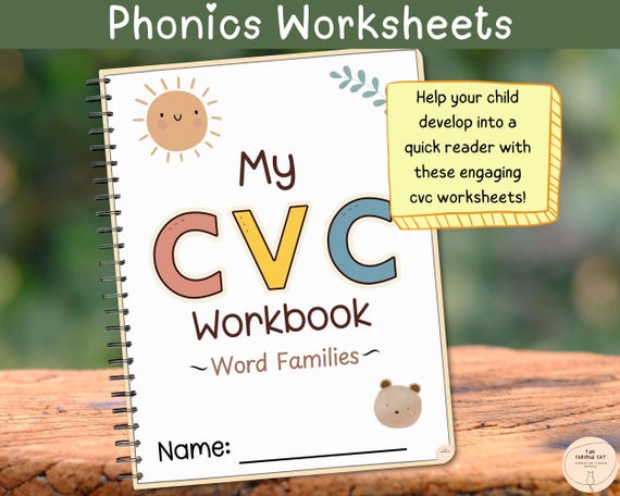 Phonics CVC Words Printable Worksheets  for Kindergarten, CVC Word Families Spelling & Reading Printables Phonics Workbook Instant Download
