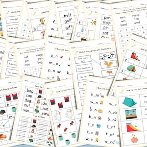 May include: A set of printable worksheets for kids to practice reading, spelling, and matching words. The worksheets feature colorful illustrations and simple text.