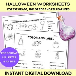 May include: Black and white printable Halloween worksheets for 1st and 2nd grade students. The worksheets include activities such as counting, coloring, and labeling Halloween-themed images. The worksheets are in PDF format and are available in US Letter and A4 sizes.