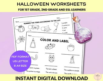 1st Grade 2nd Grade, ESL Printables, Halloween Vocabulary, Reading, Spelling & Writing Worksheets, Comprehension and Sentence Writing Sheets