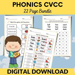 May include: A digital download bundle of 22 pages of phonics worksheets for children learning CVCC words. The worksheets feature colorful illustrations and activities such as matching captions to pictures, reading words, tracing letters, and word searches.
