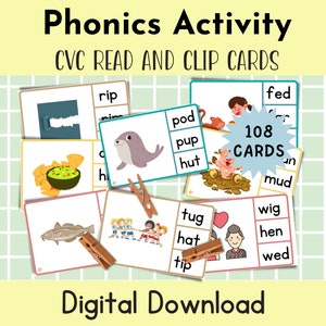 CVC Phonics Activity, Literacy Centre Game, Phonics Match and Clip Cards, CVC Pictures & Words, Early Reading Kindergarten, Digital Download